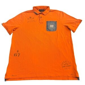 Polo Country‎ Ralph Lauren Mens XL Orange Graphic Polo Shirt Denim Pocket Eagle